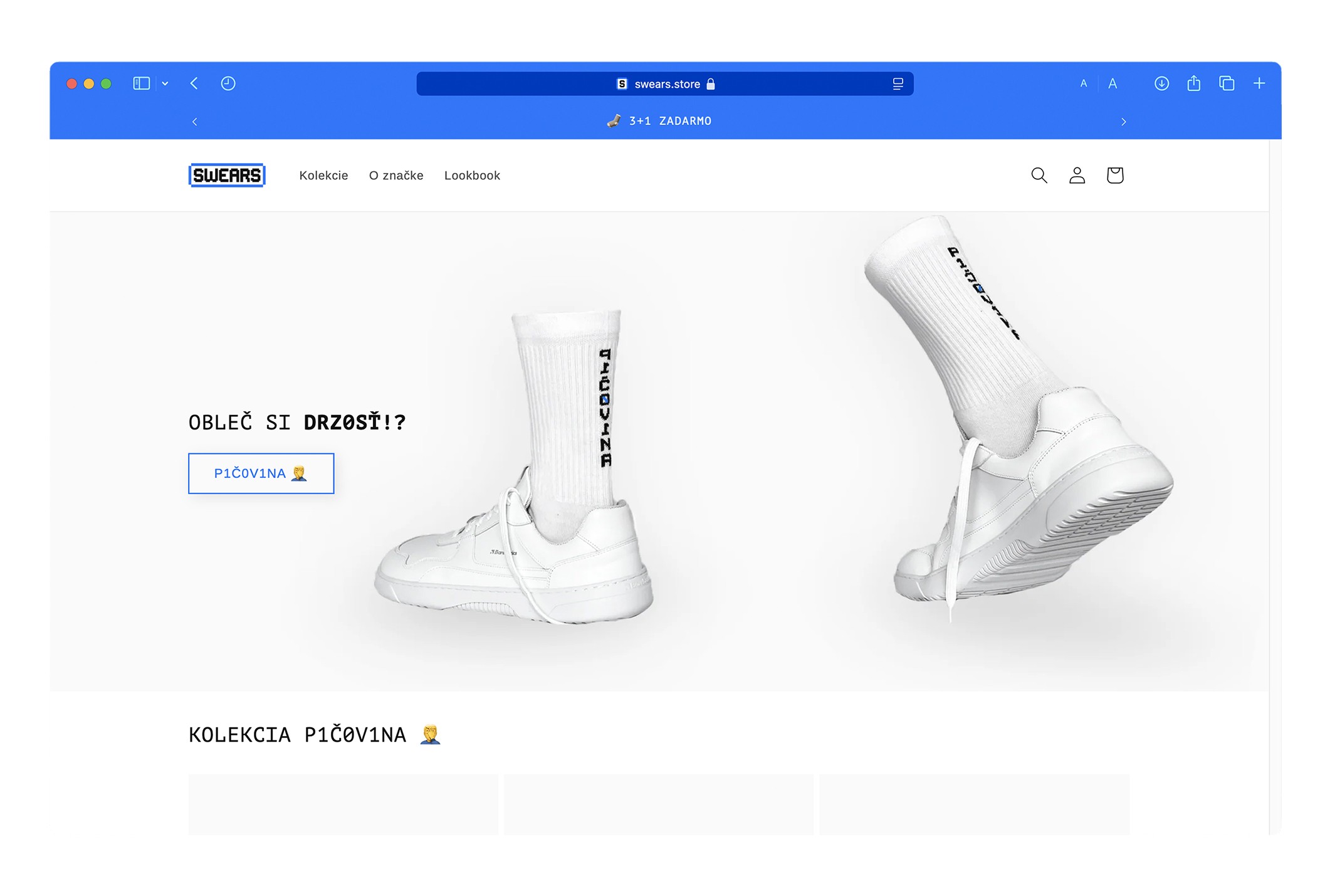 SWEARS e-commerce homepage with bold product messaging and clean layout.