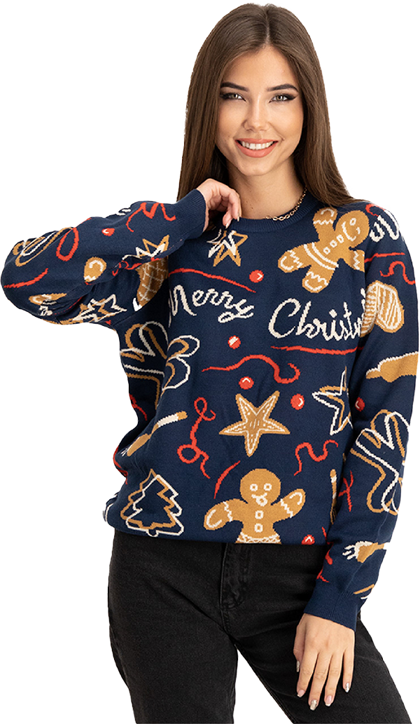 Woman wearing a knitted sweater showcasing a repeating pattern designed by Daniel Zubal.